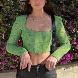 Zara Neon Green Black Houndstooth Corset Crop Top Size Medium